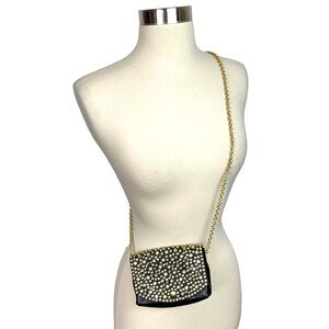 RARE VTG Michael Morrison Black Leather & Rhinestone Micro Purse W/Gold Chain